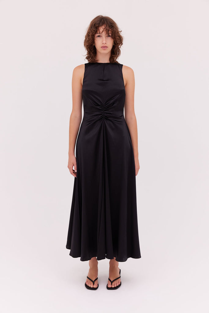 Silk Ruched Midi Dress-Black-WILLOW-Australian-Designer