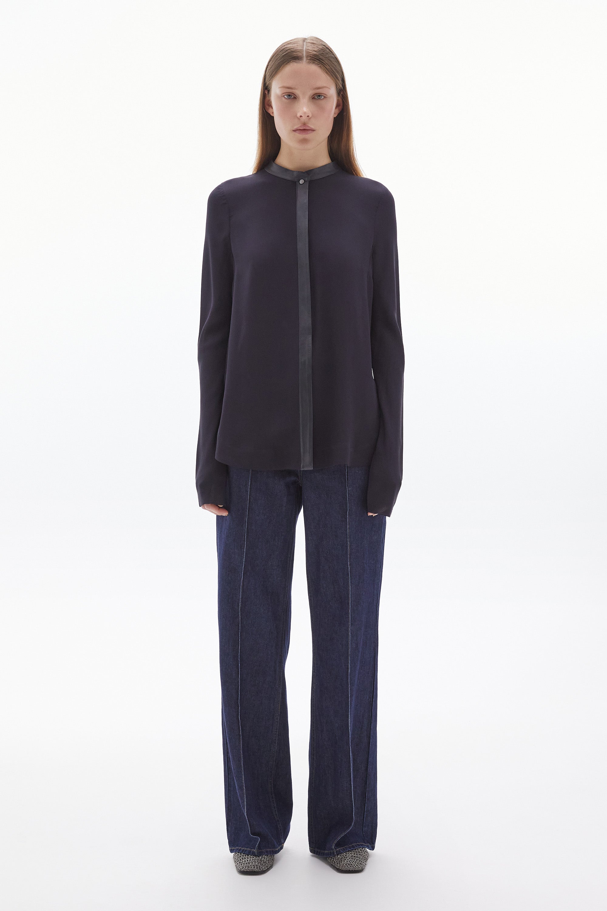 Solis Silk Leather Trim Shirt Ink