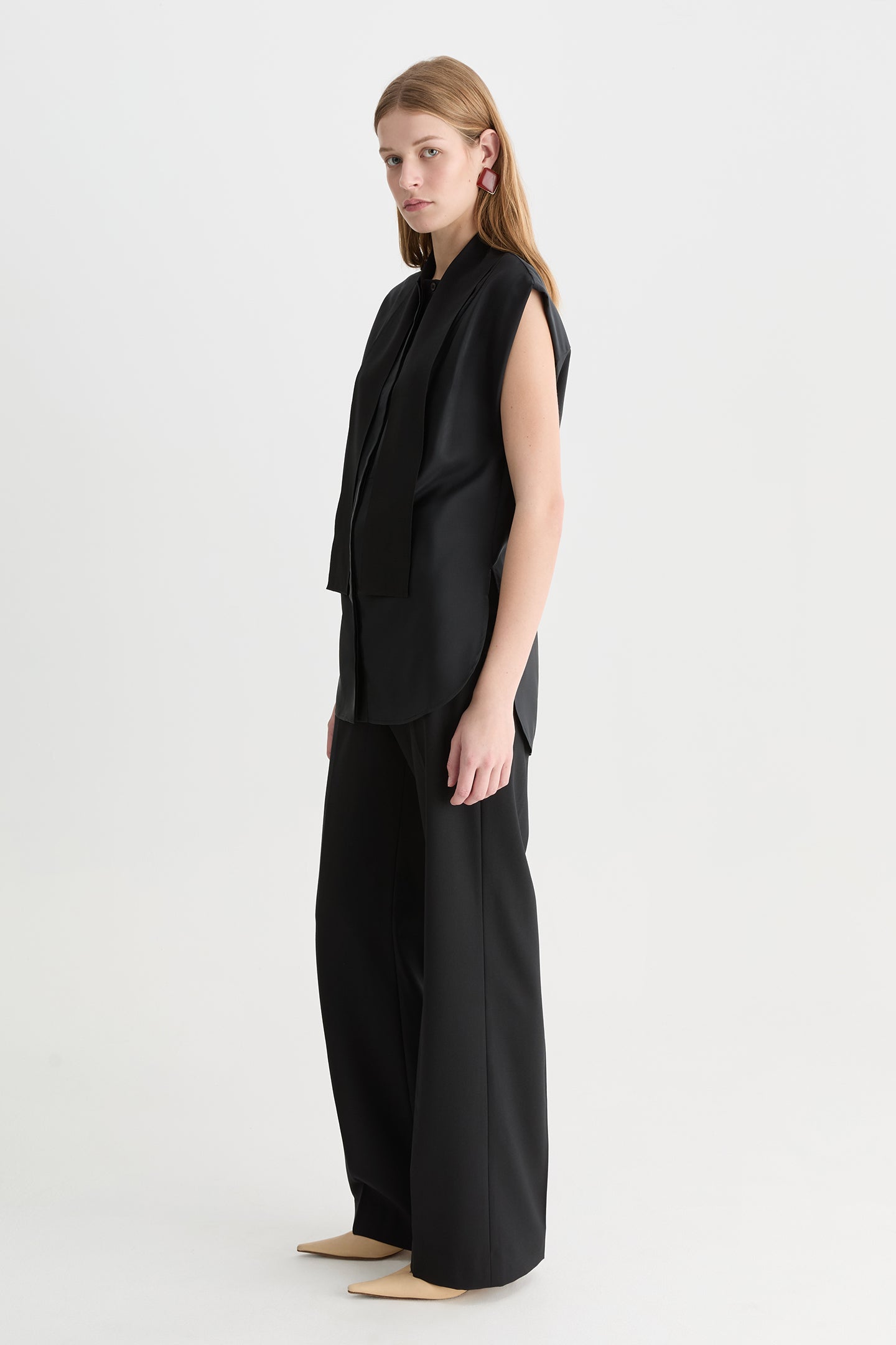 Fumi Silk Sleeveless Tie Neck Shirt Black-Willow-Australian-designer