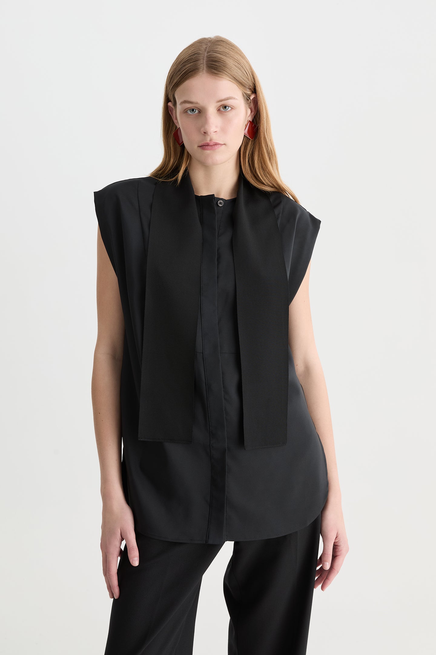Fumi Silk Sleeveless Tie Neck Shirt Black-Willow-Australian-designer