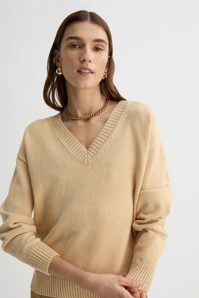 GEORGIA V-NECK JUMPER-Tan-WILLOW-Australian-Designer