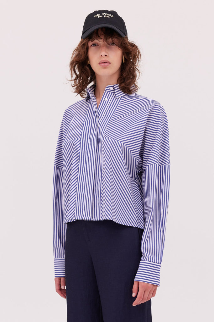 Oversized Poplin Shirt-Navy/White Stripe-WILLOW-Australian-Designer