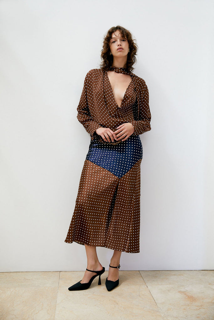 Silk Spot Midi Skirt-Navy/Brown Spot-WILLOW-Australian-Designer