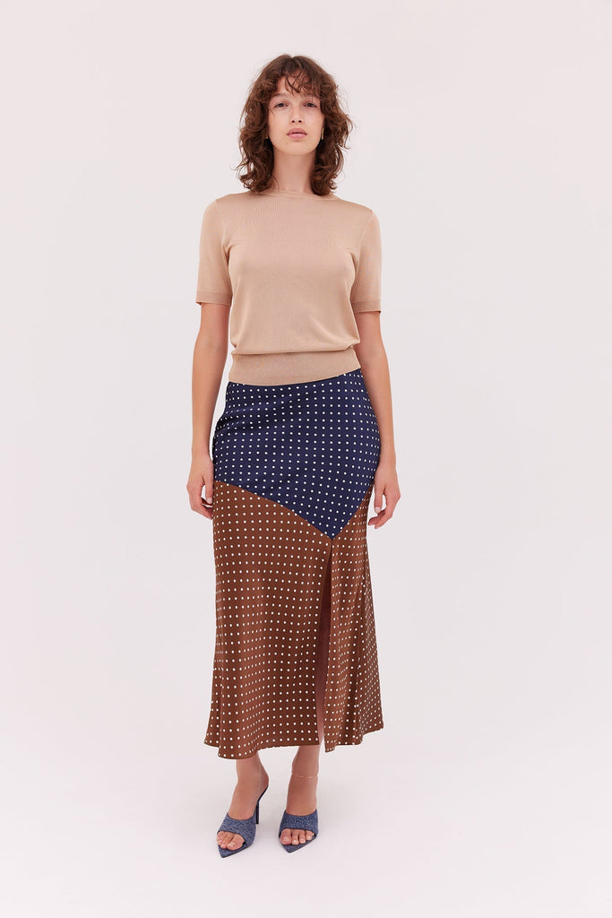 Silk Spot Midi Skirt-Navy/Brown Spot-WILLOW-Australian-Designer