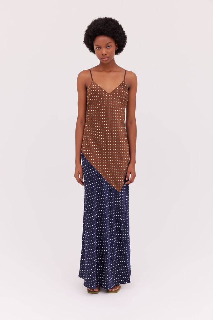 Silk Spot Slip Dress-Navy/Brown Spot-WILLOW-Australian-Designer