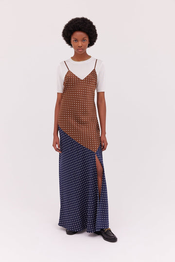 Silk Spot Slip Dress-Navy/Brown Spot-WILLOW-Australian-Designer