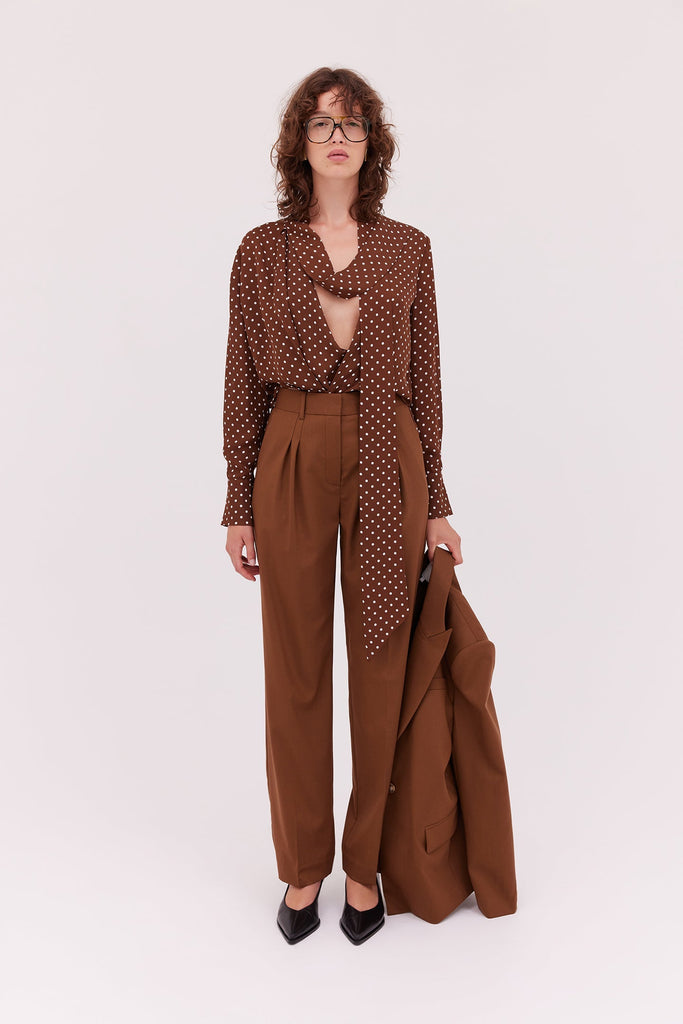 Silk Spot Tie Blouse-Brown Spot-WILLOW-Australian-Designer
