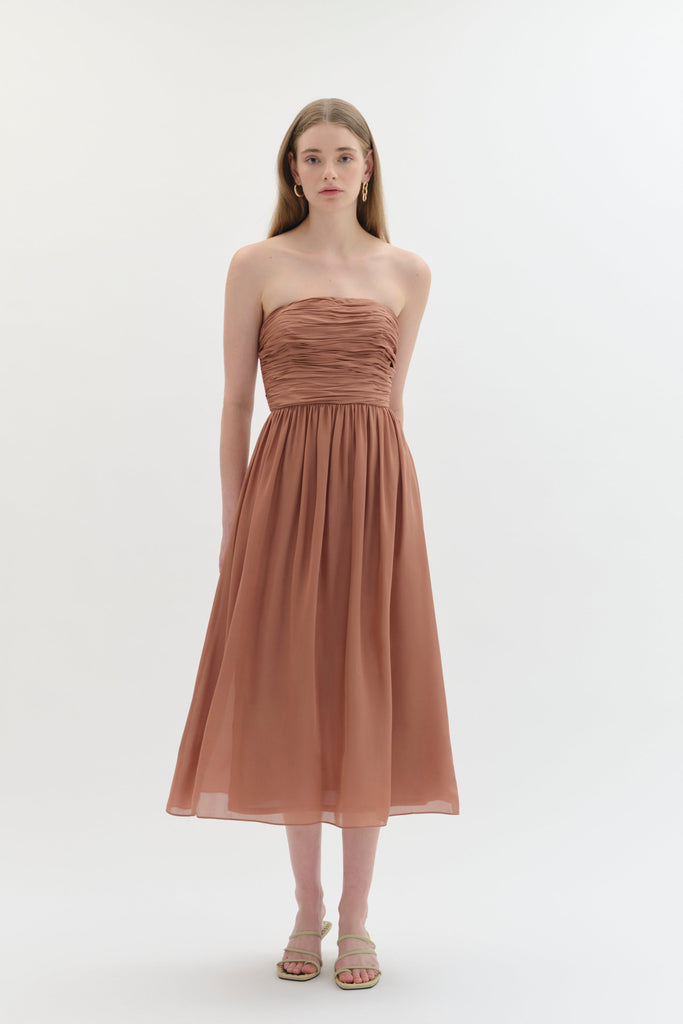 Gathered Silk Dress in Copper-WILLOW