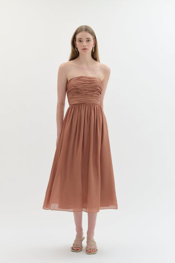 Gathered Silk Dress in Copper-WILLOW