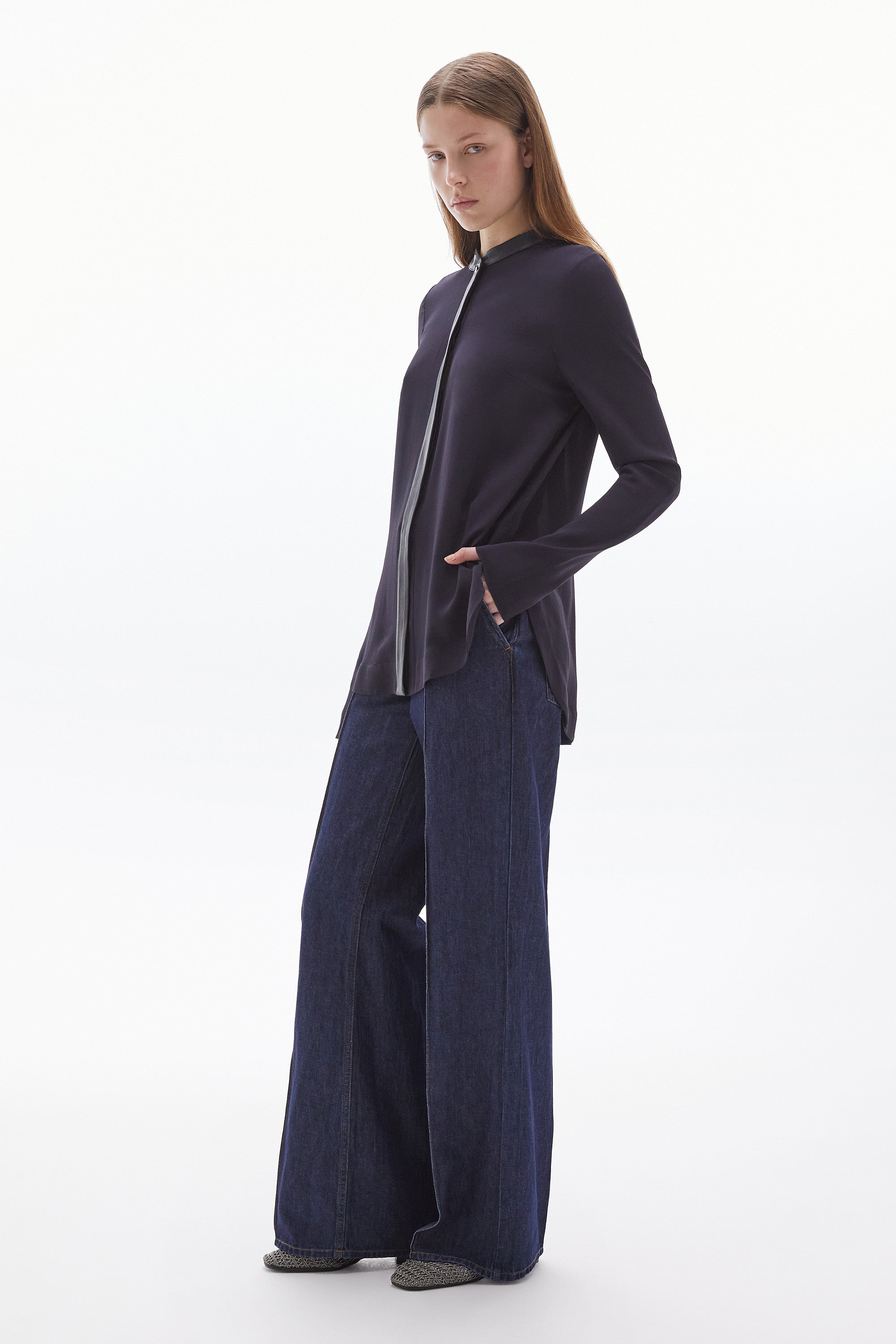 WILLOW-Solis Silk Leather Trim Shirt Ink