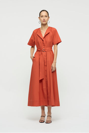 Zale Belted Midi Dress in Burnt Red-WILLOW