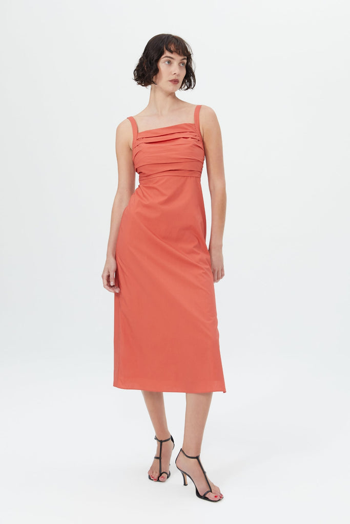 Zale Gathered Midi Dress in Burnt Red-WILLOW